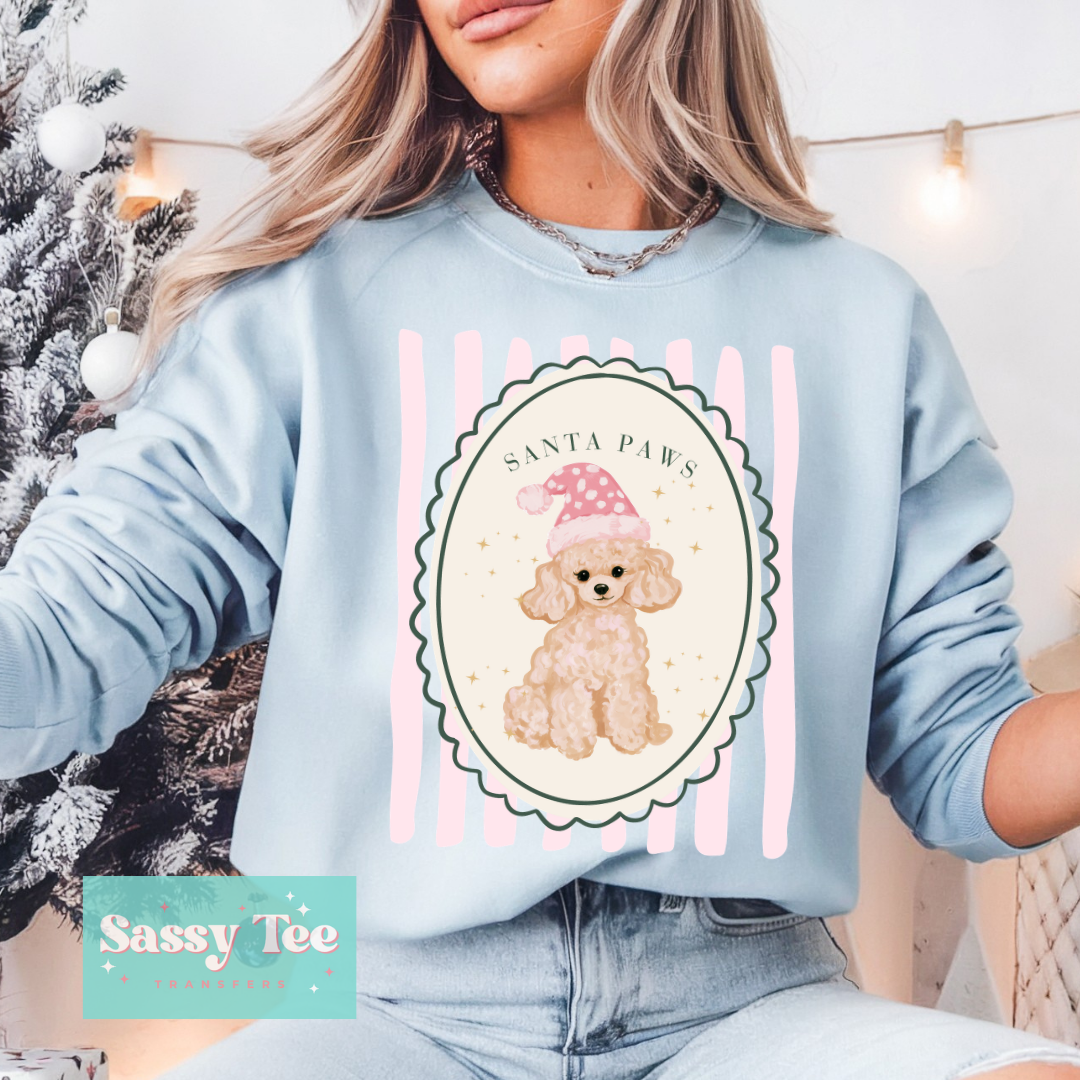 SANTA PAWS GOLDEN CUTE PINK PREPPY STRIPES FRAME **Preorder/Restock Ships in 5-10 biz days** •