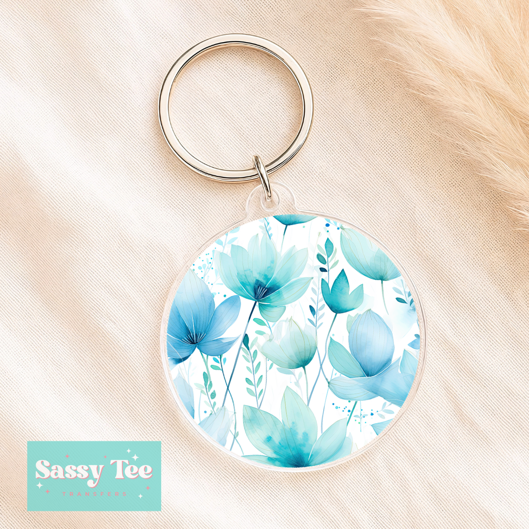 TEAL FLORAL UV DTF Round Keychain Decal **Preorder/Restock Ships in 5-10 biz days**