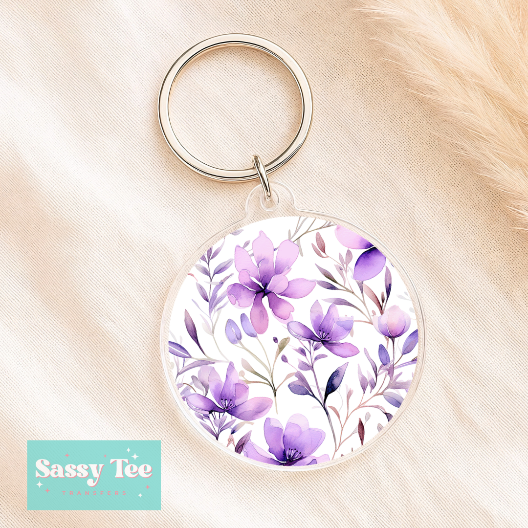 PURPLE FLORAL UV DTF Round Keychain Decal **Preorder/Restock Ships in 5-10 biz days**