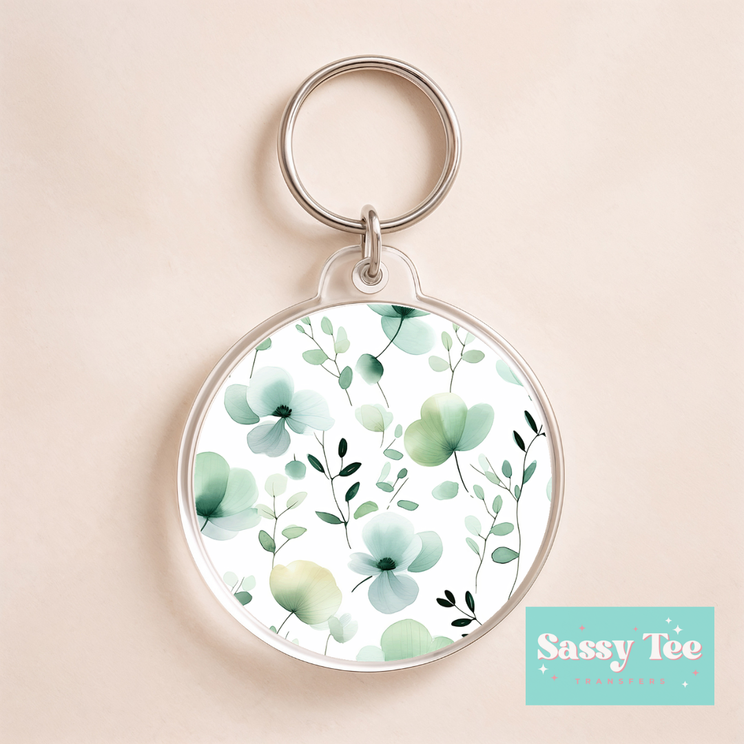 GREEN FLORAL UV DTF Round Keychain Decal **Preorder/Restock Ships in 5-10 biz days**