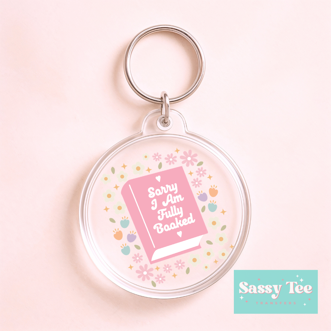 SORRY FULLY BOOKED PINK RETRO UV DTF *DOUBLE SIDED* ROUND KEYCHAIN DECAL **Preorder/Restock Ships in 5-10 biz days**