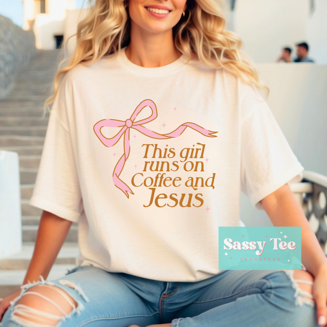 THIS GIRL RUNS ON COFFEE JESUS PINK BOW **Preorder Ships in 5-10 biz days**