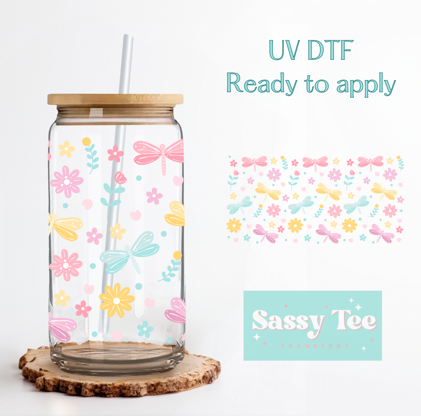 DRAGONFLY PASTEL FLORAL UV DTF CUP WRAP