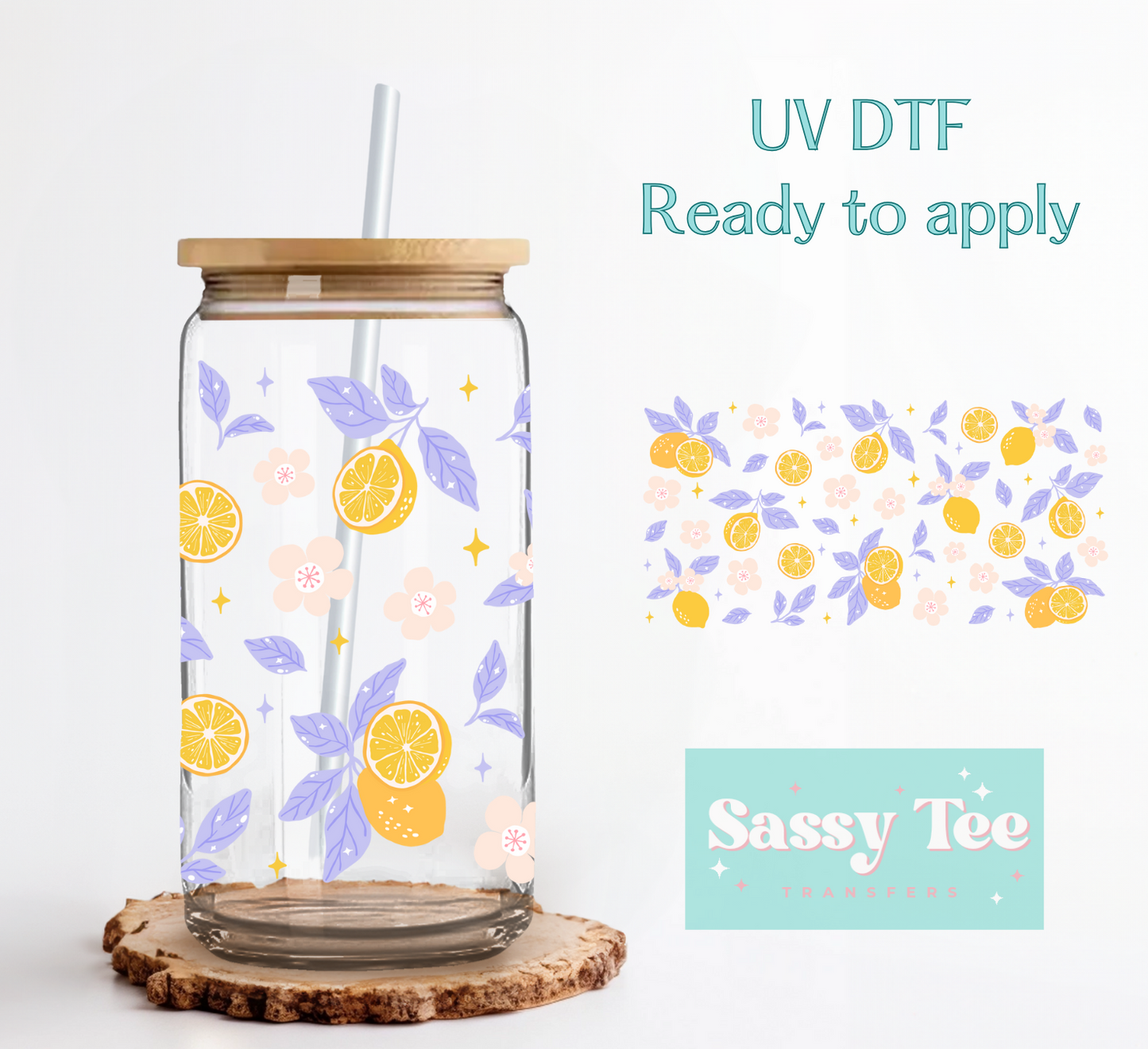 LEMON BLUE PINK FLORAL UV DTF CUP WRAP