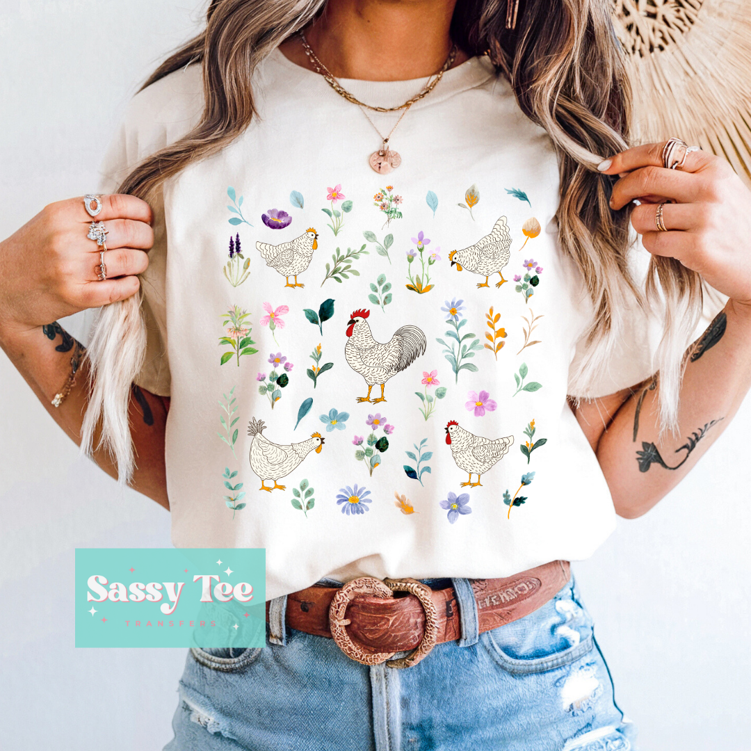 CHICKENS SPRING FLOWERS LEAVES **Preorder/Restock Ships in 5-10 biz days**