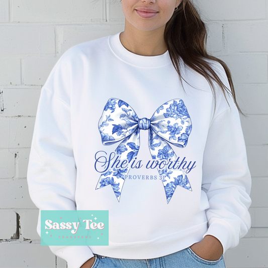 SHE IS WORTHY BLUE TOILE BOW