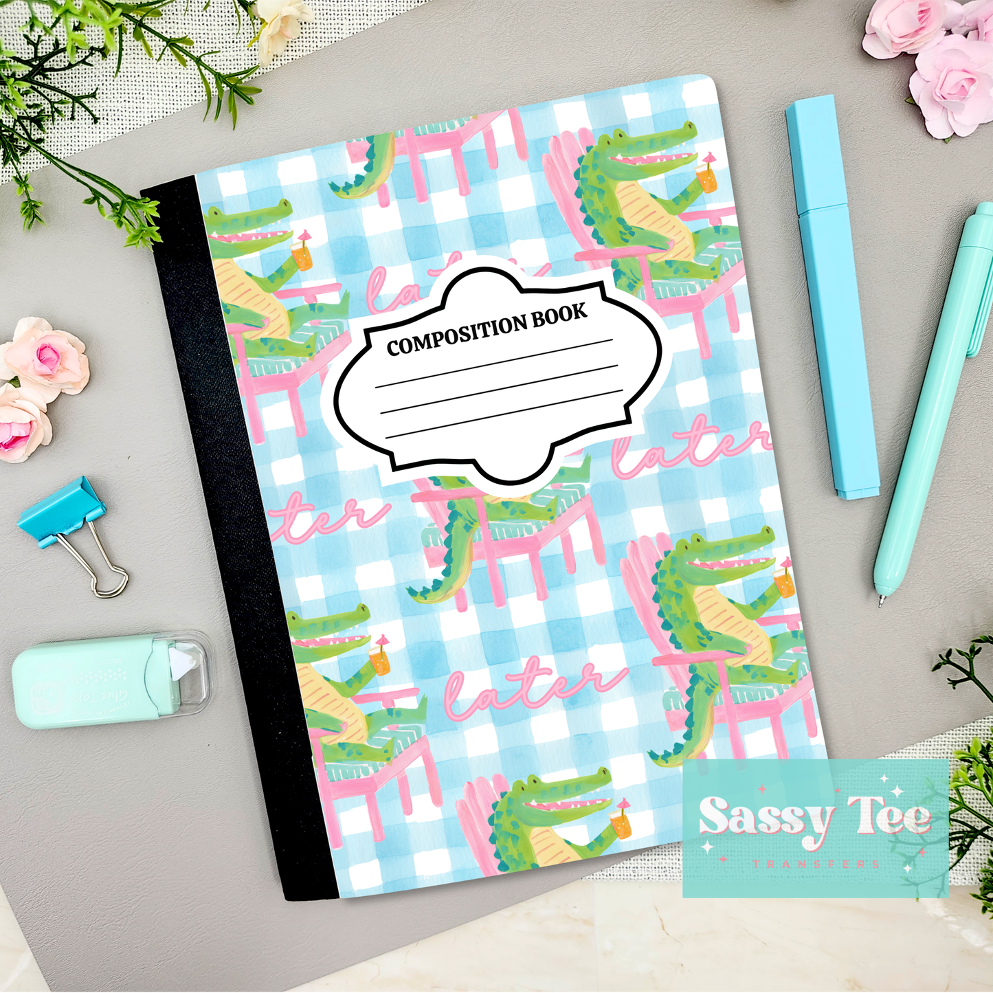 LATER GATOR PREPPY PINK BLUE PLAID Peel + Stick Notebook Cover SET