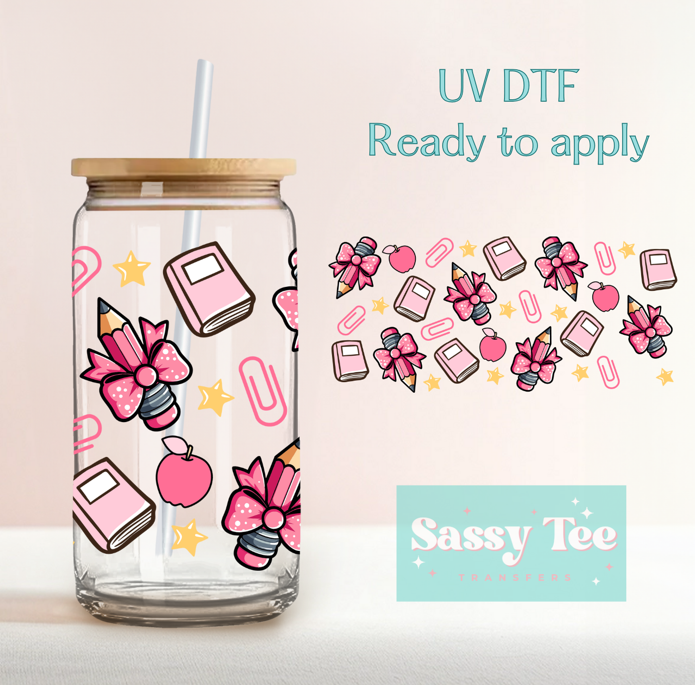 TEACH BOOKS PENCIL PINK BOWS UV DTF CUP WRAP