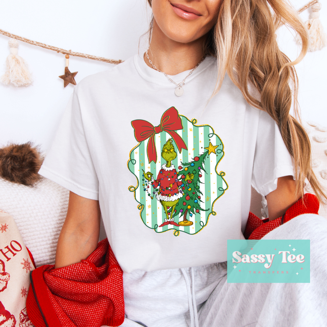 GREEN MAN STRIPE TREE RED BOW **Preorder/Restock Ships in 5-10 biz days**