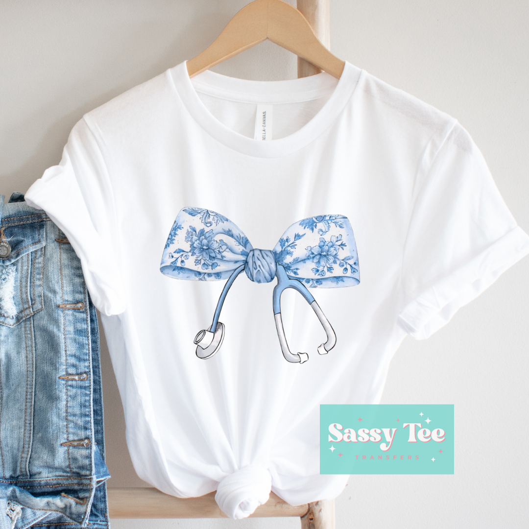 NURSE STETHOSCOPE BLUE FLORAL BOW *Preorder Ships in 5-10 biz days*