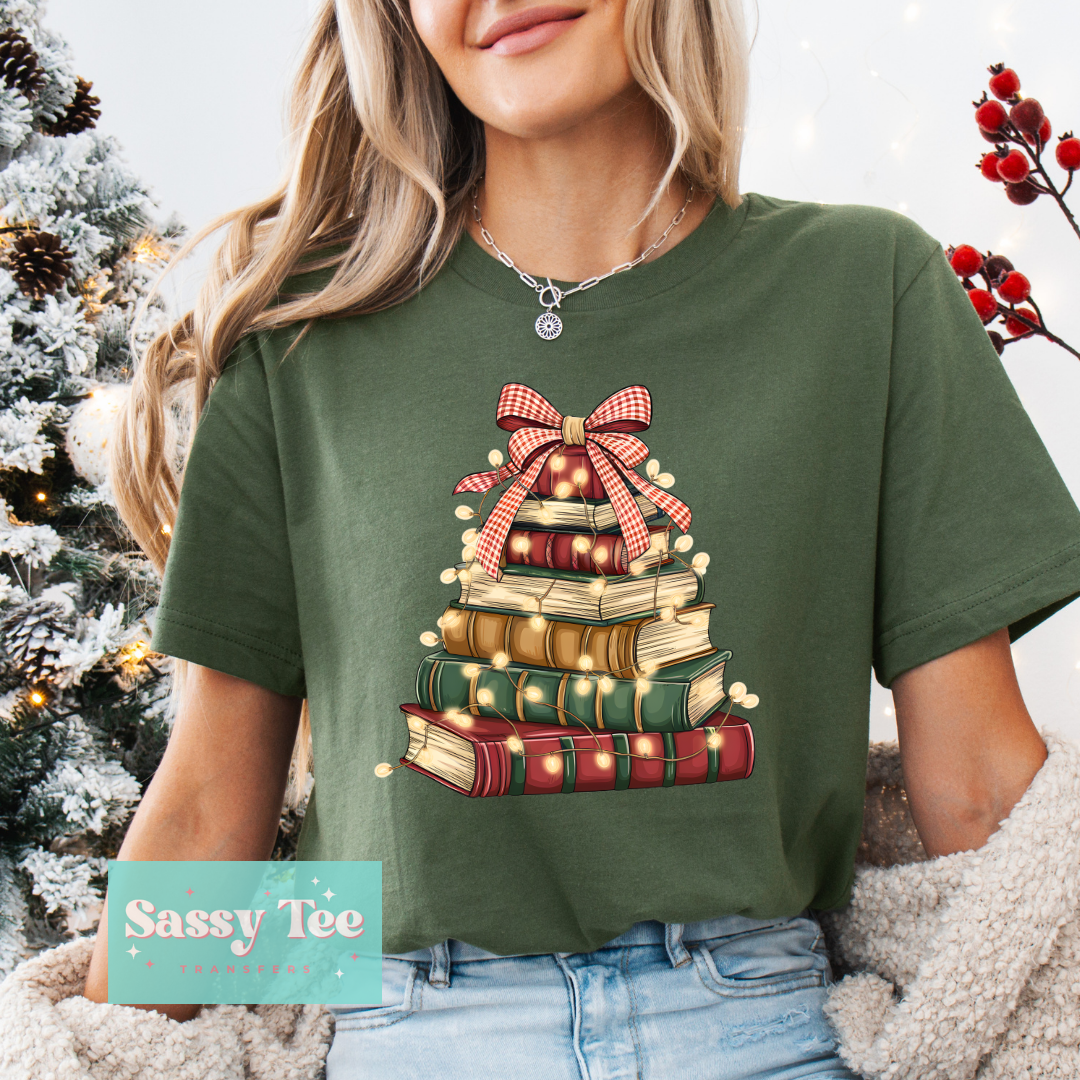 CHRISTMAS BOOK TREE LIGHTS PLAID BOW **Preorder/Restock Ships in 5-10 biz days**