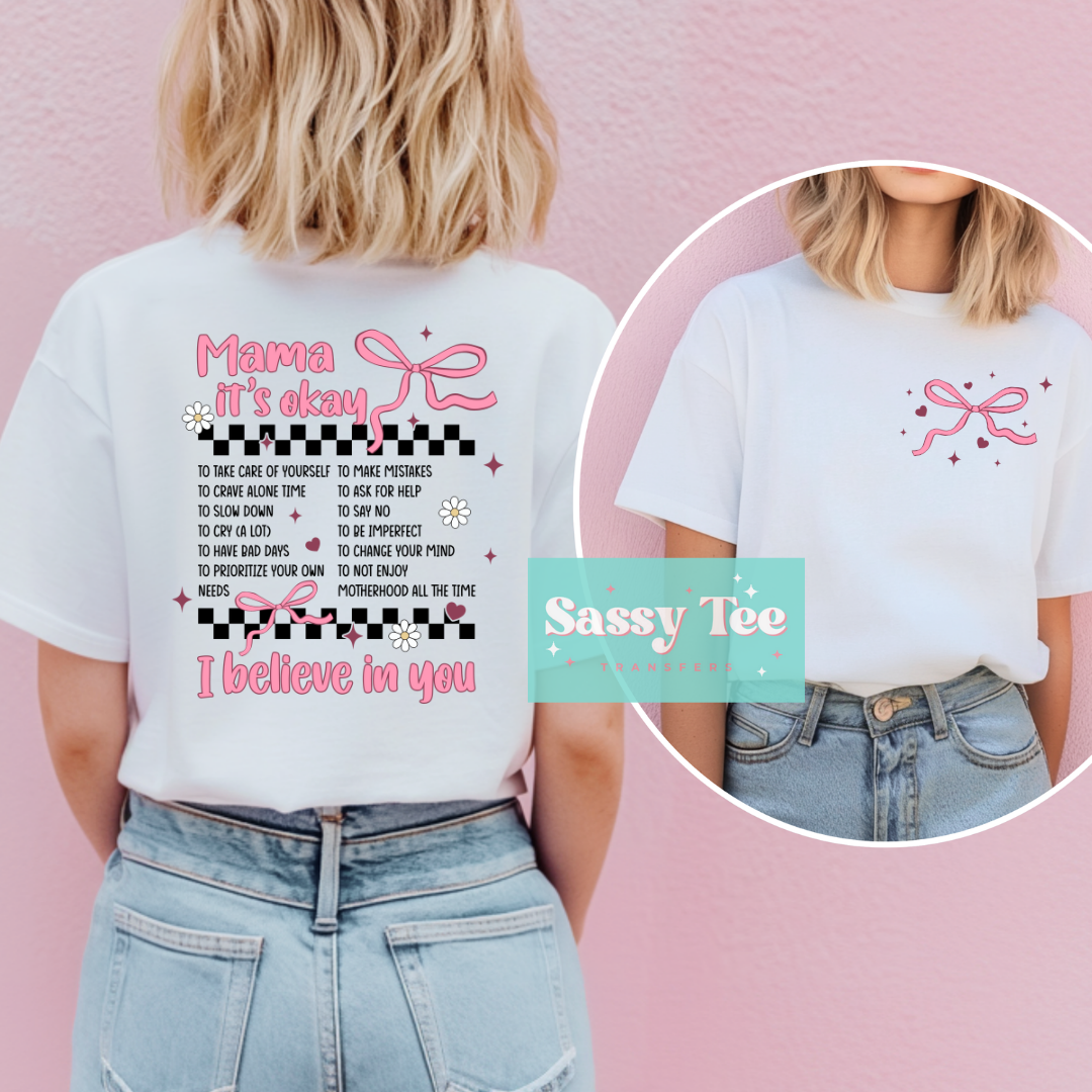 MAMA ITS OKAY RETRO PINK BOW Front + Back Set