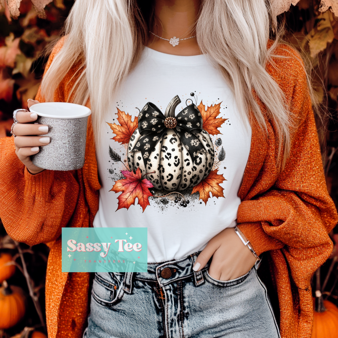 PUMPKIN FALL LEAVES LEOPARD BOW **Preorder/Restock Ships in 5-10 biz days**
