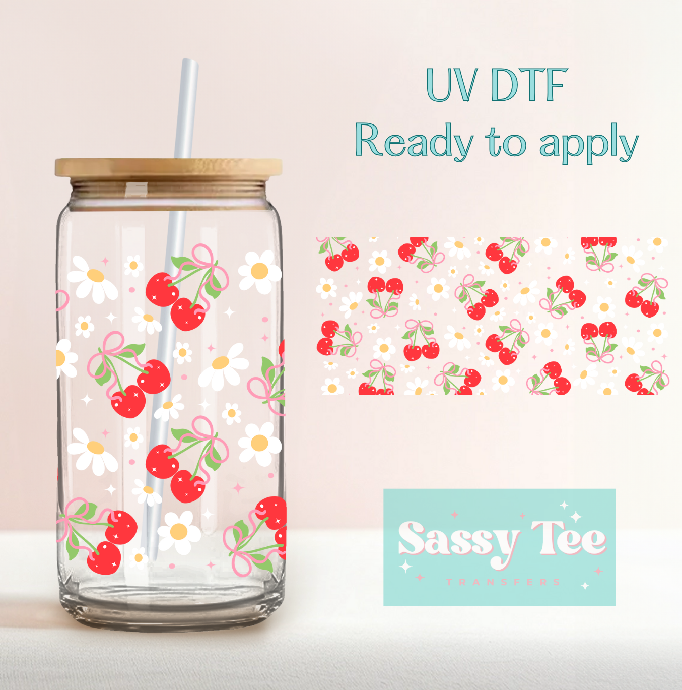 CHERRY FLOWER BOWS UV DTF CUP WRAP