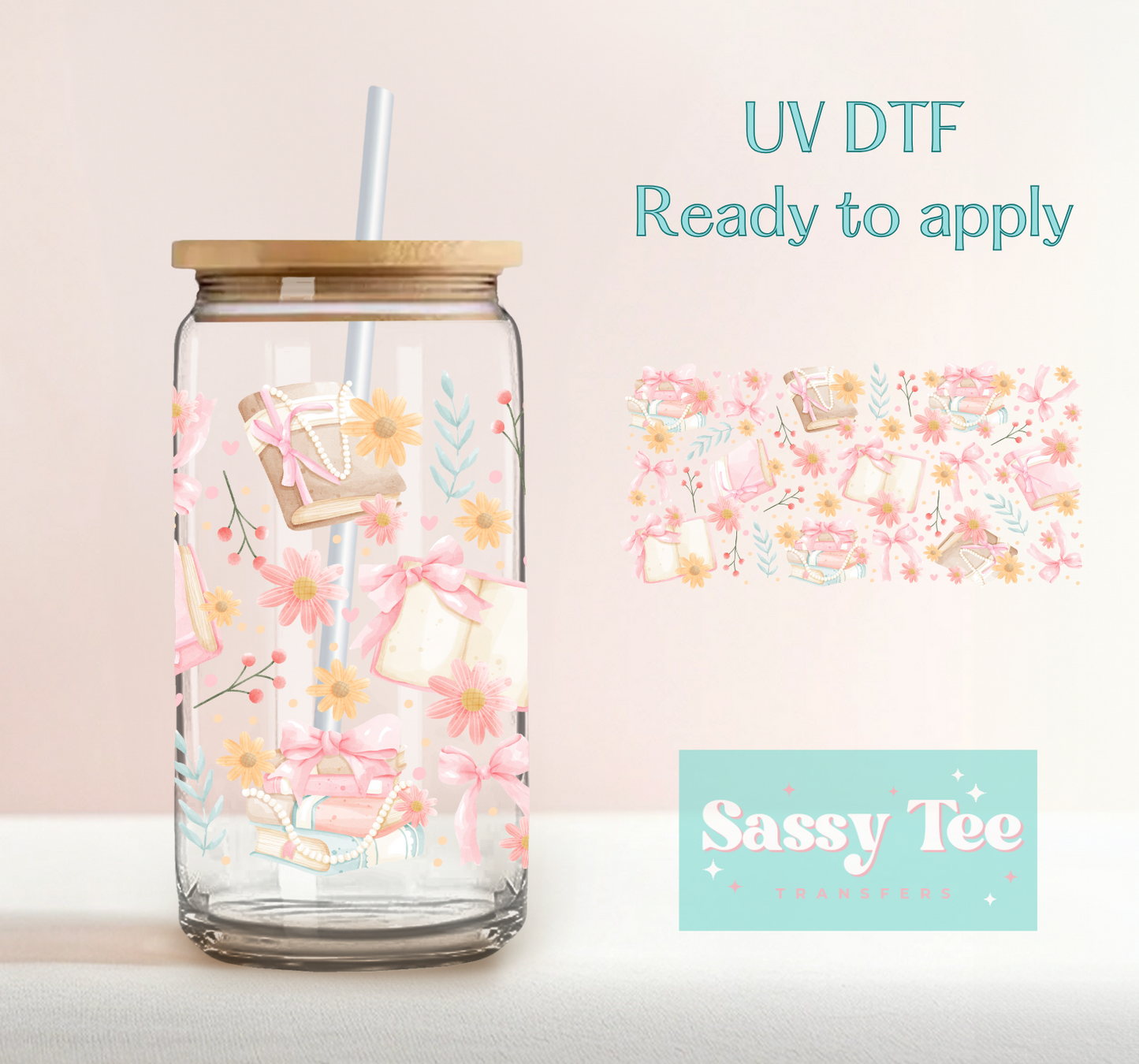 PASTEL FLORAL BOOKS UV DTF CUP WRAP