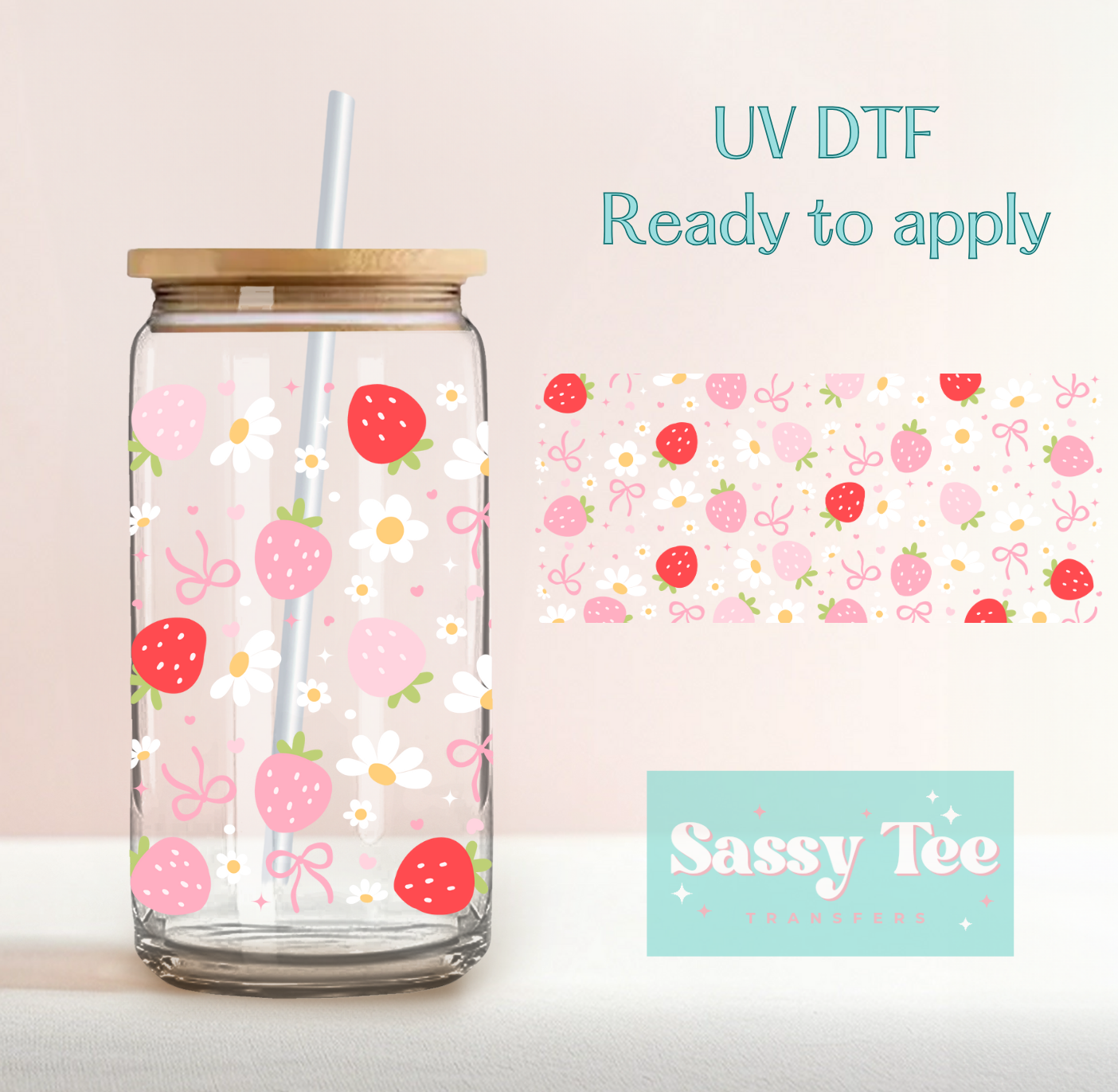 STRAWBERRY FLOWER BOW UV DTF CUP WRAP