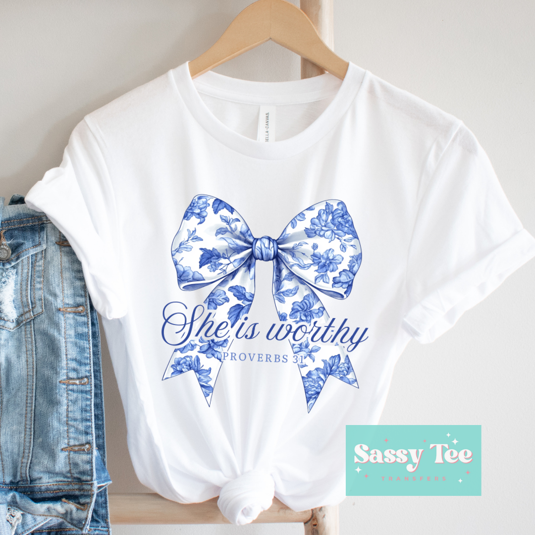 SHE IS WORTHY BLUE TOILE BOW