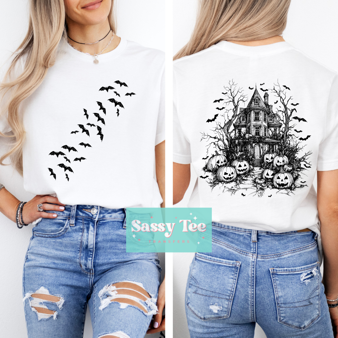 HAUNTED HOUSE BATS BLACK Front + Back Options **Preorder/Restock Ships in 5-10 biz days**