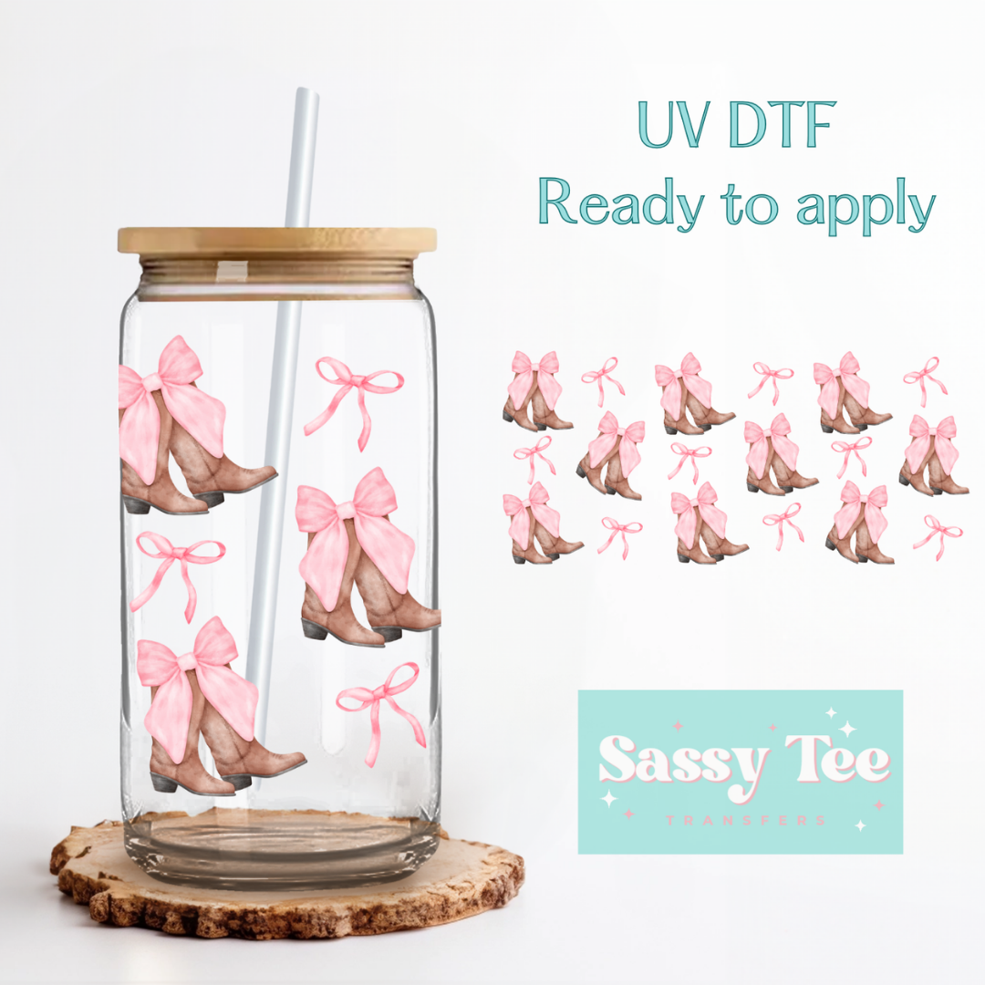 COWGIRL BOOTS PINK COQUETTE BOW UV DTF CUP WRAP **Preorder/Restock Ships in 5-10 biz days**