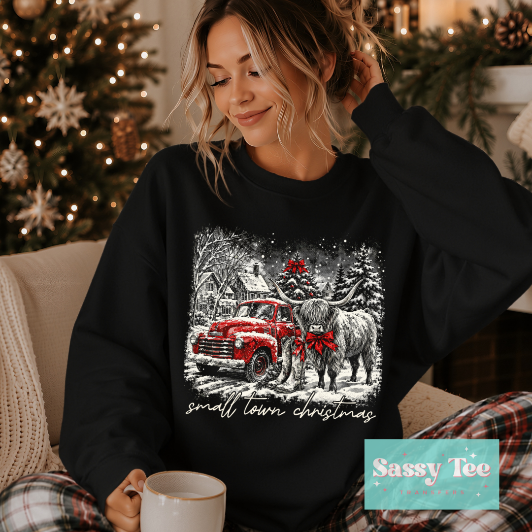 SMALL TOWN CHRISTMAS RED TRUCK HIGHLAND COW For Darker Colors **Preorder/Restock Ships in 5-10 biz days** •