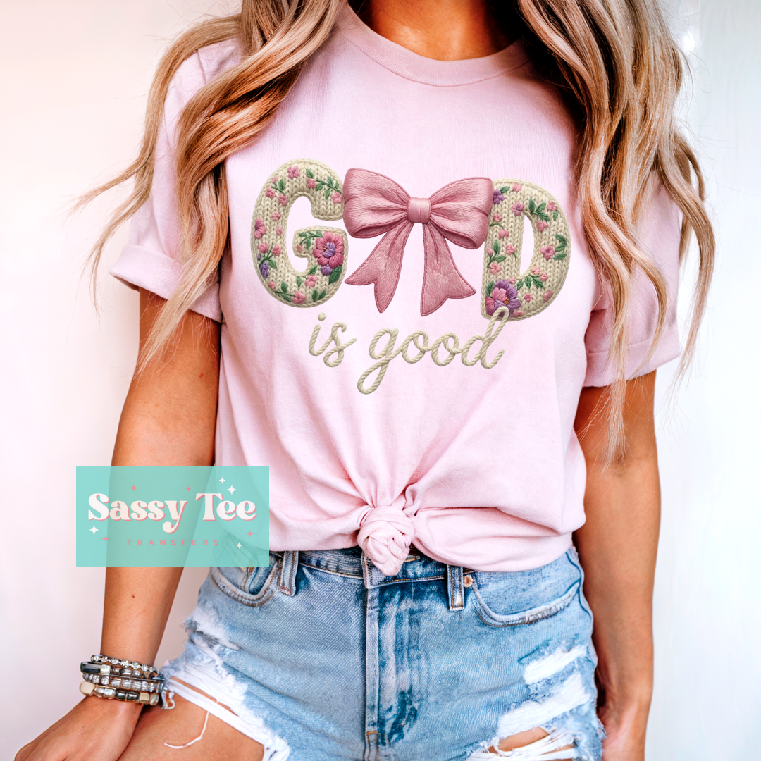 GOD IS GOOD FLORAL PINK BOW FAUX YARN **Preorder/Restock Ships in 5-10 biz days**