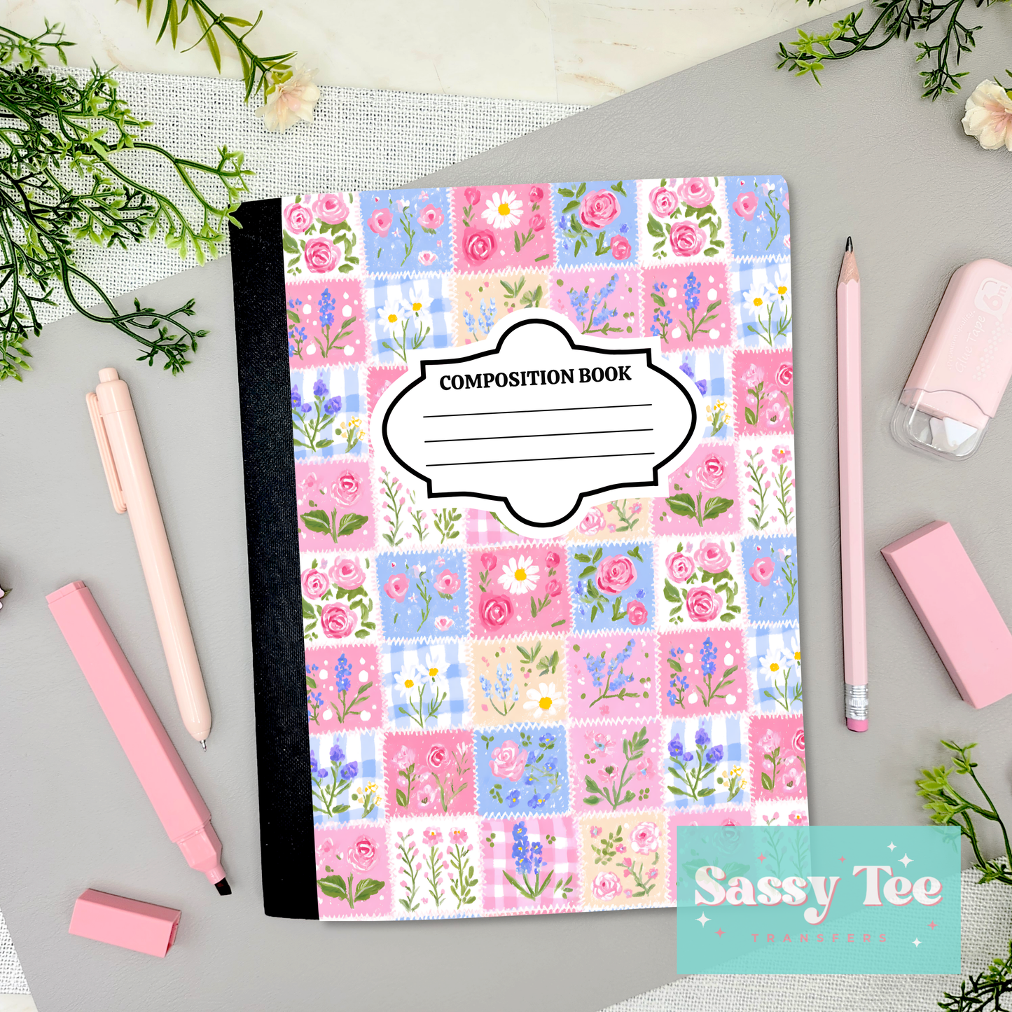 FLORAL PINK BLUE PATCHES PLAID Peel + Stick Notebook Cover SET