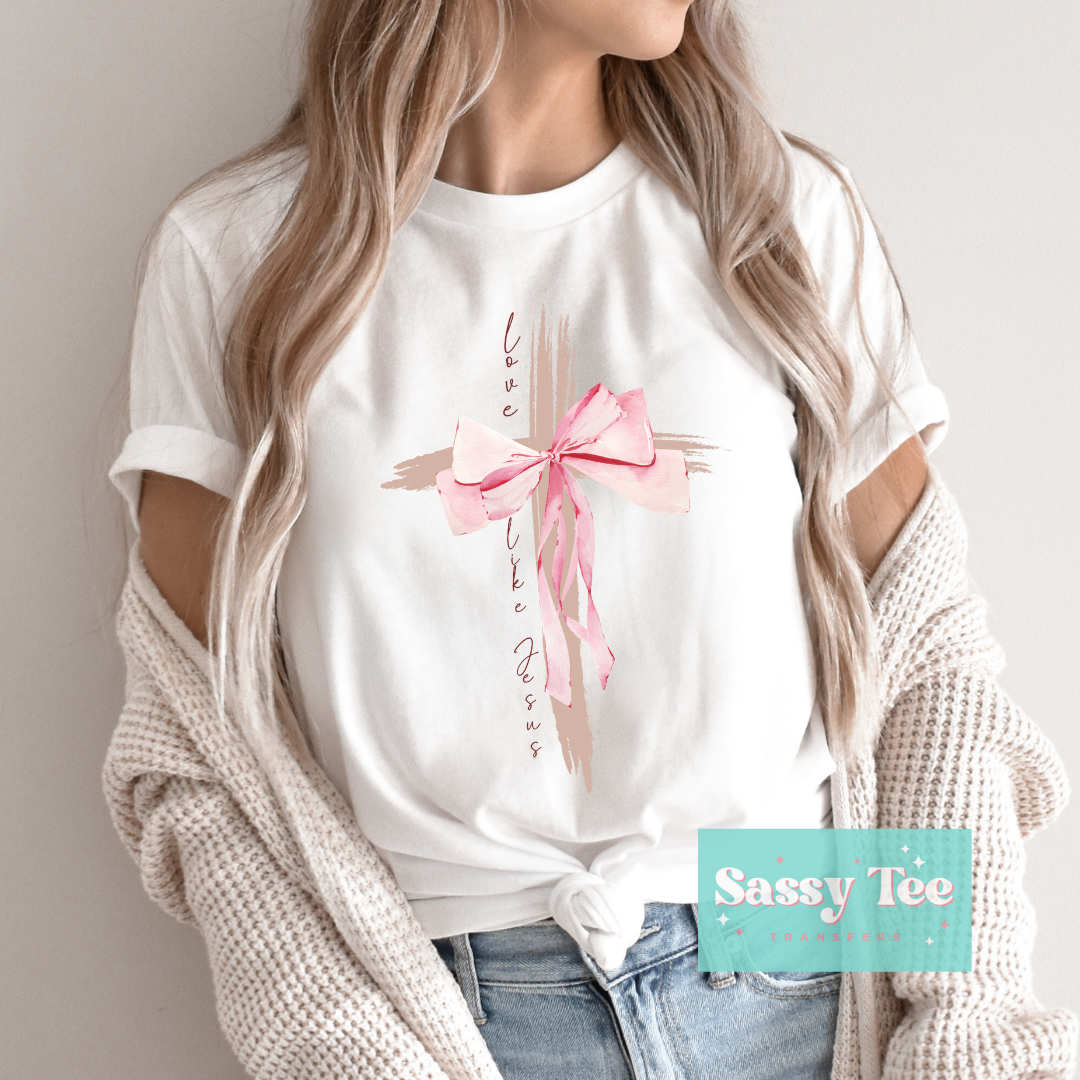 LOVE LIKE JESUS GOLD CROSS PINK BOW FAITH **Preorder/Restock Ships in 5-10 biz days**