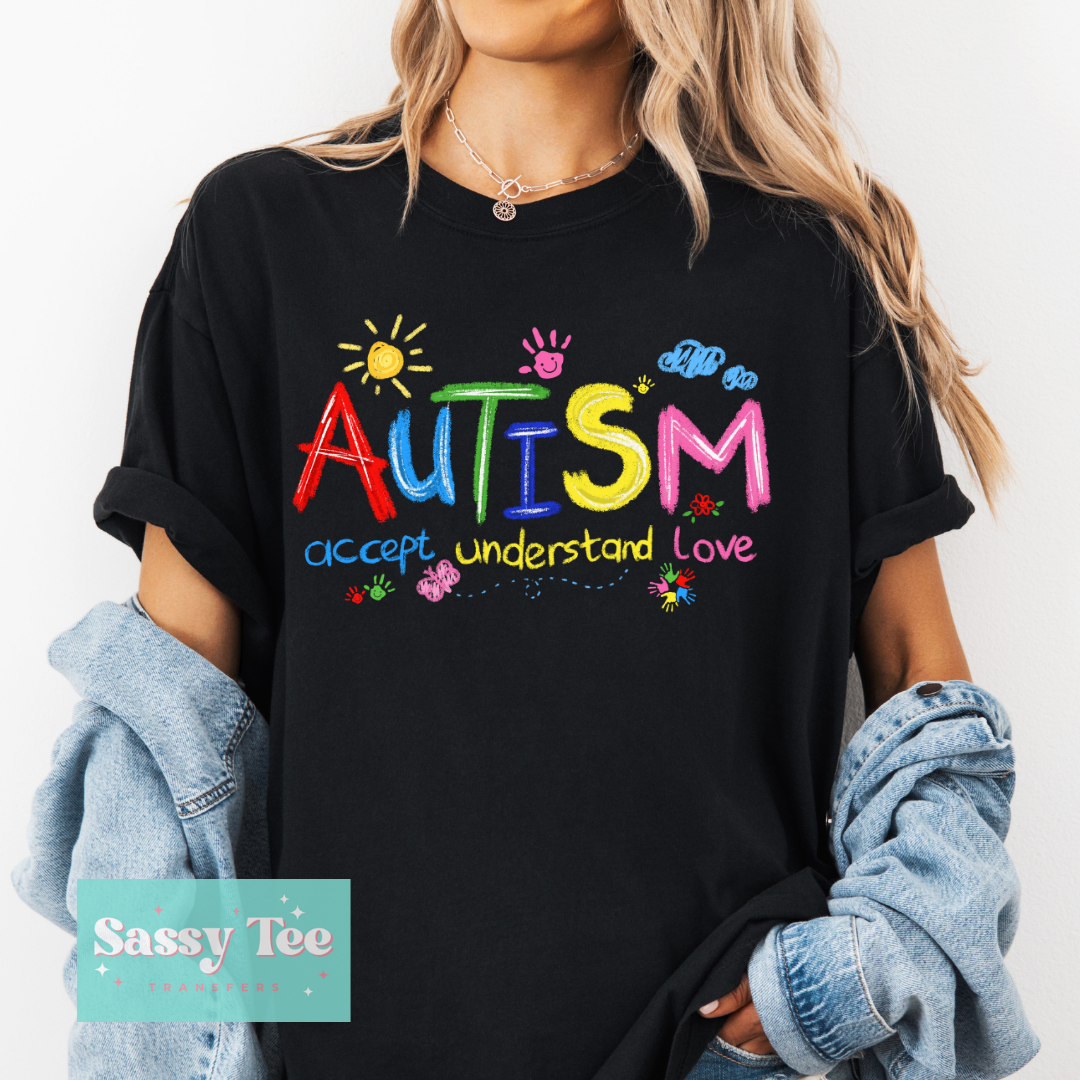 AUTISM ACCEPT UNDERSTAND LOVE BRIGHT COLORS DRAWING **Preorder/Restock Ships in 5-10 biz days**