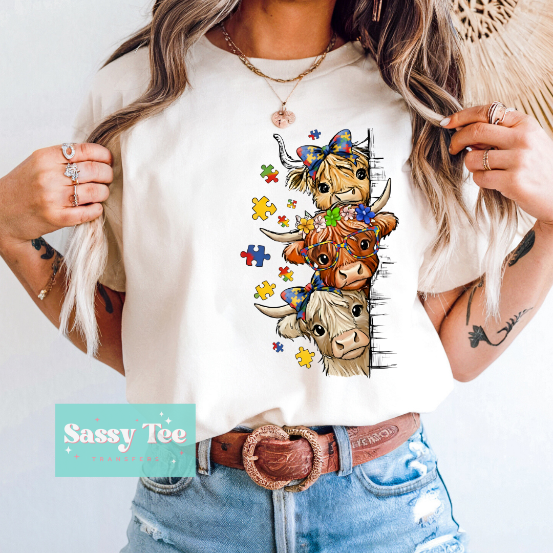 AUTISM PUZZLE PIECES HIGHLAND COW ACROSS **Preorder/Restock Ships in 5-10 biz days**