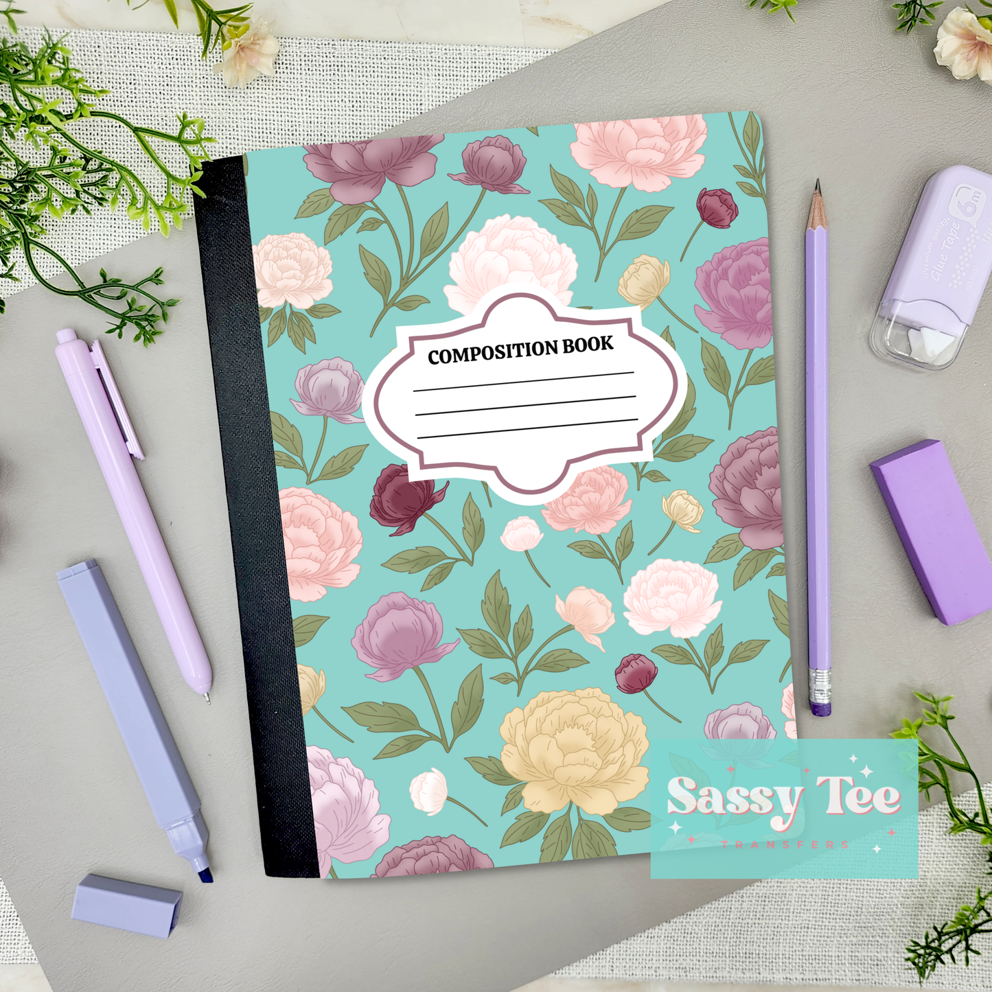 PEONIES PURPLE PINK TEAL FLORAL Peel + Stick Notebook Cover SET