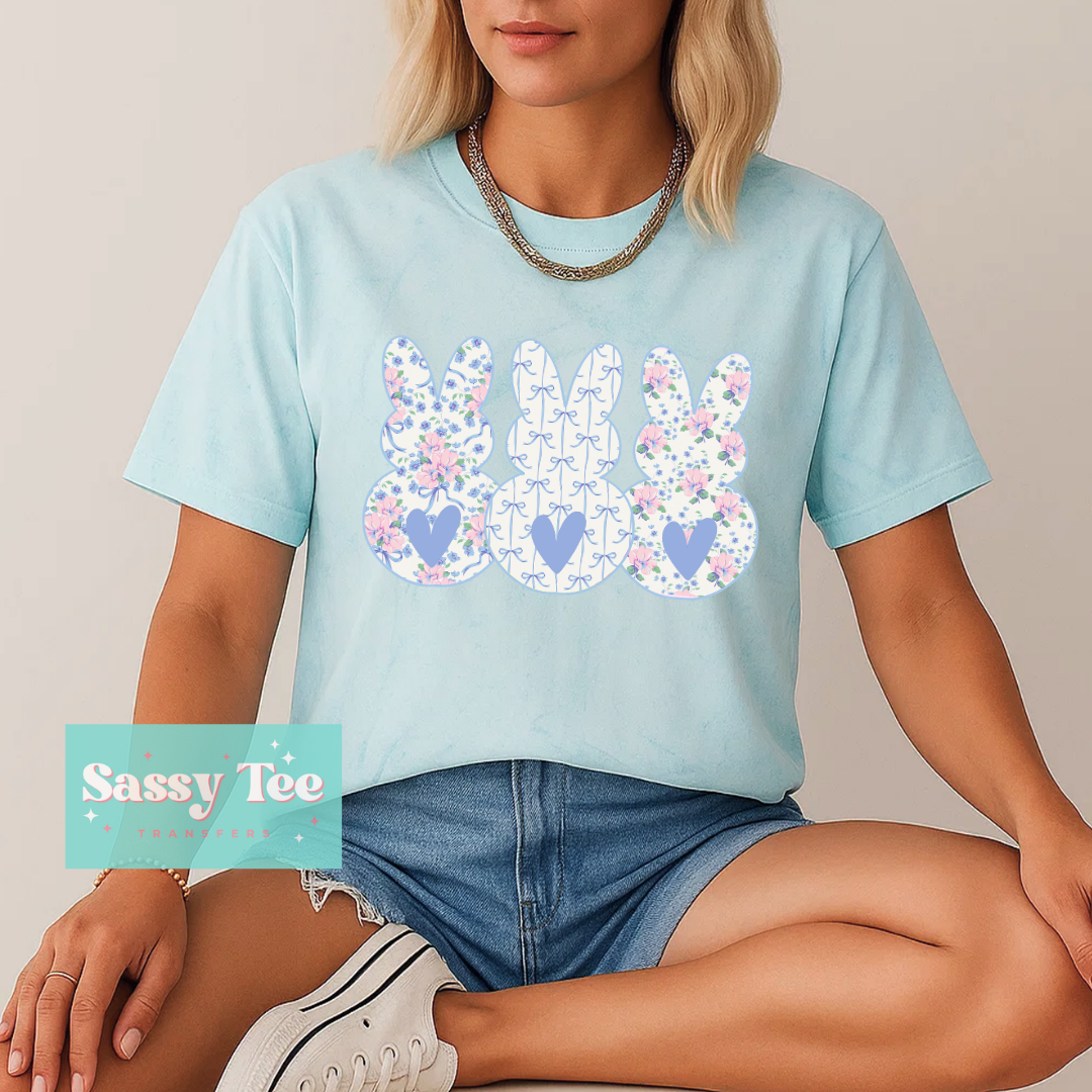 BUNNY TRIO BLUE PINK FLORAL BOW **Preorder/Restock Ships in 5-10 biz days**