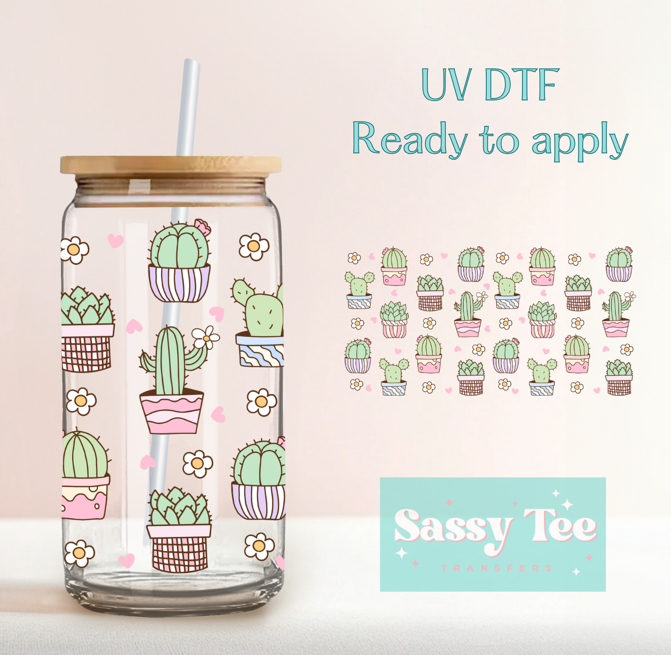 CUTE CACTI PASTEL FLOWERS UV DTF CUP WRAP