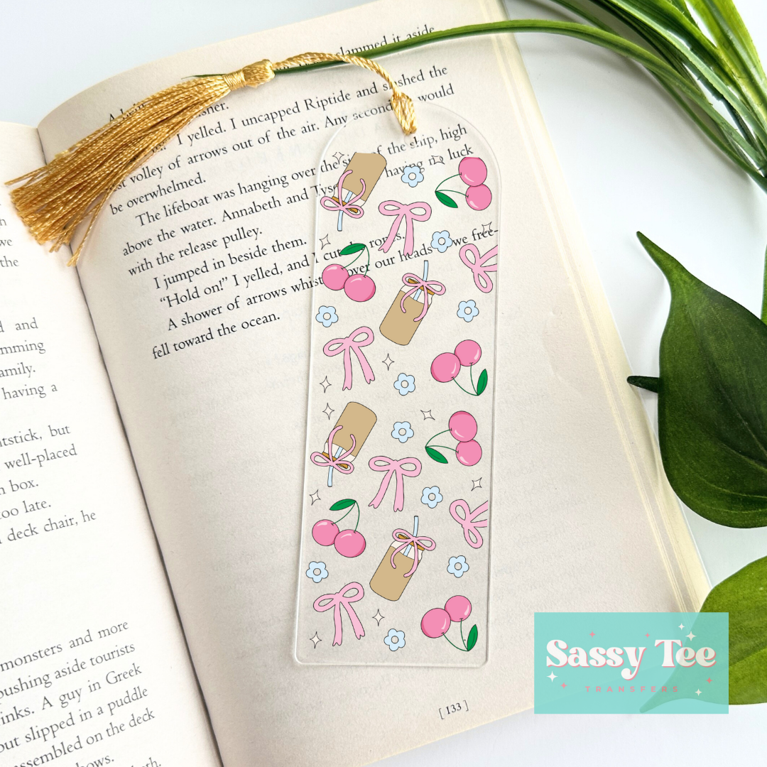 COFFEE COQUETTE BOW CHERRY UV DTF BOOKMARK DECAL