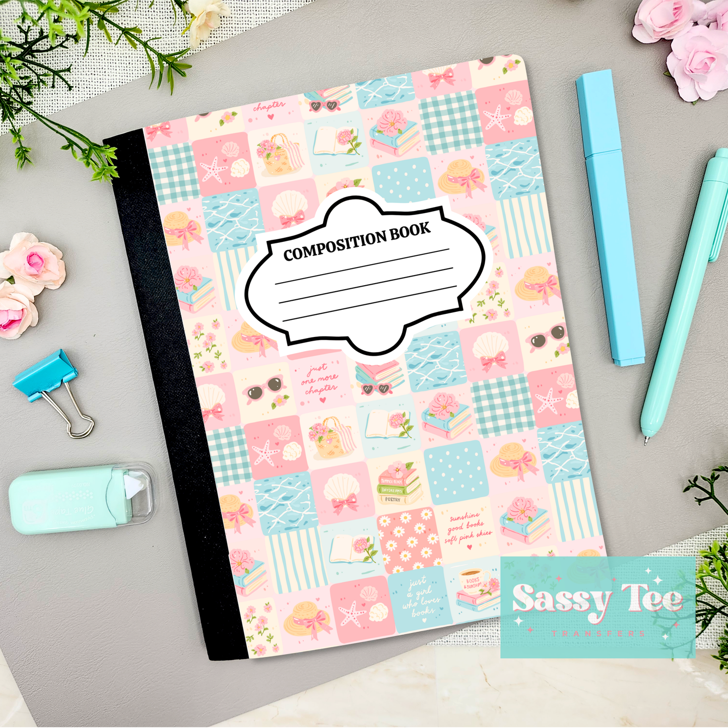 COASTAL BEACH PINK MINT PLAID SEASHELL Peel + Stick Notebook Cover SET