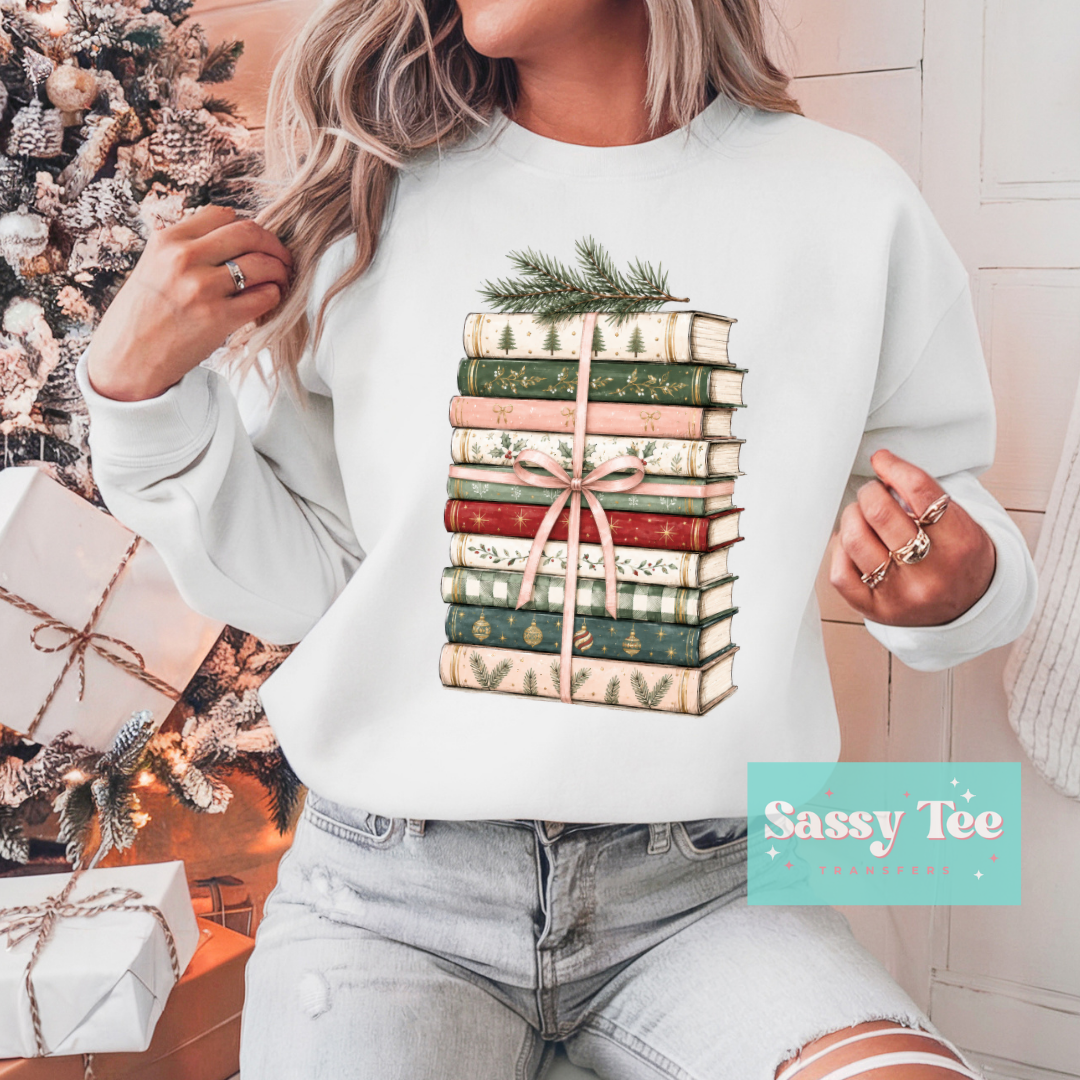 BOOK STACK BOW CHRISTMAS PINK GREEN **Preorder/Restock Ships in 5-10 biz days**