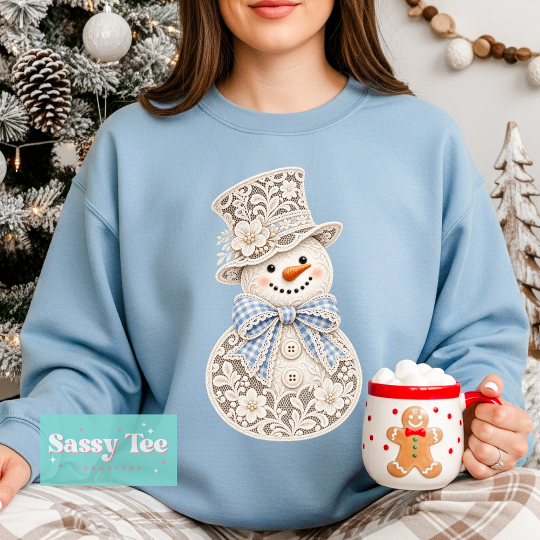 SNOWMAN FAUX LACE BLUE BOW **Preorder/Restock Ships in 5-10 biz days**