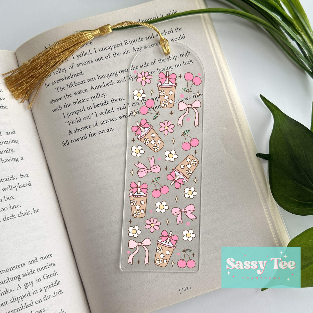 COFFEE PINK CHERRY COQUETTE BOWS UV DTF BOOKMARK DECAL *Preorder Ships in est. 5-10 biz days*
