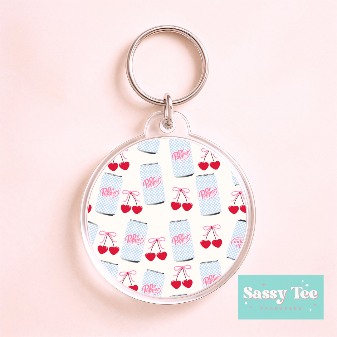 DR P BLUE PINK CHERRIES *DOUBLE SIDED* ROUND UV DTF KEYCHAIN DECAL **Preorder/Restock Ships in 5-10 biz days**