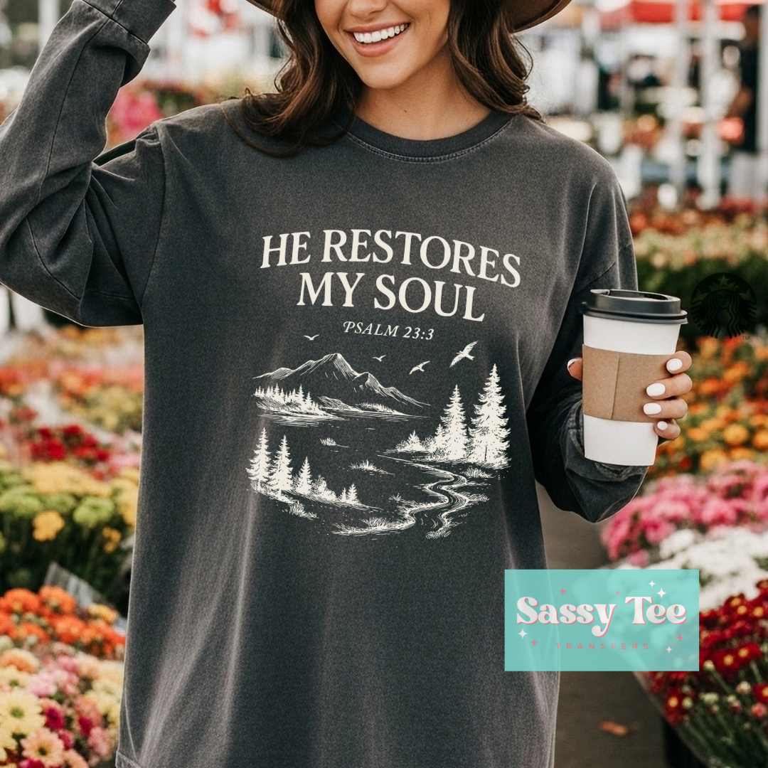 HE RESTORES MY SOUL FAITH DISTRESSED **Preorder/Restock Ships in 5-10 biz days**