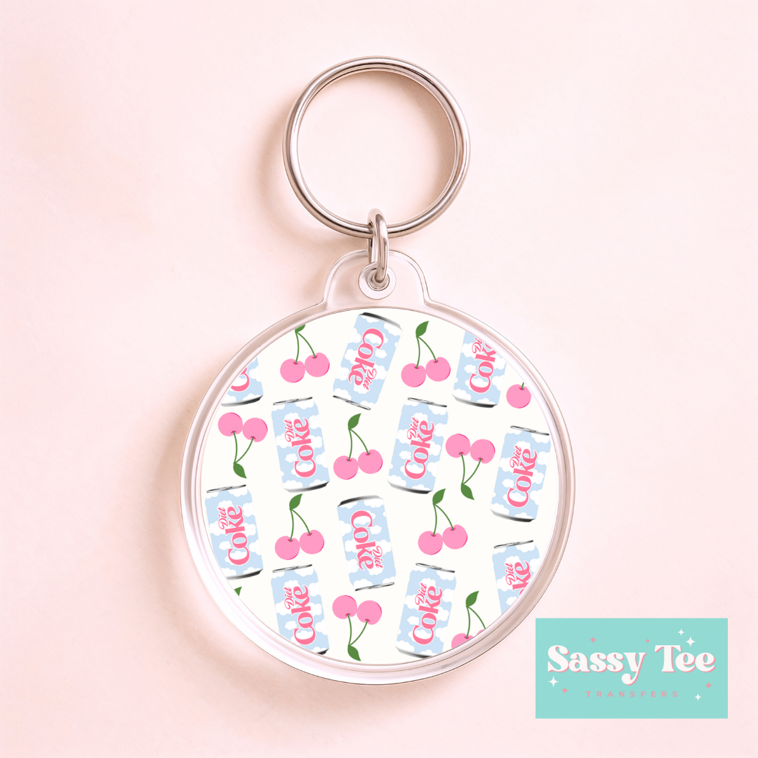 DIET CKE BLUE PINK CHERRIES *DOUBLE SIDED* ROUND UV DTF KEYCHAIN DECAL **Preorder/Restock Ships in 5-10 biz days**