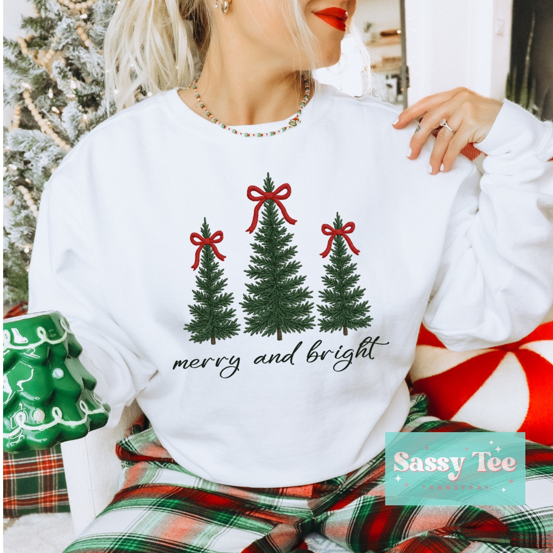 MERRY AND BRIGHT CHRISTMAS TREES FAUX EMBROIDER **Preorder/Restock Ships in Est. 5-10 biz days**