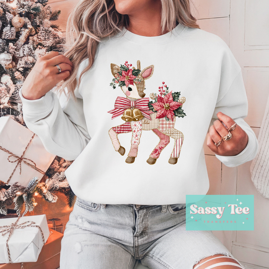 REINDEER POINSETTIA PINK FAUX PATCHWORK **Preorder/Restock Ships in 5-10 biz days**