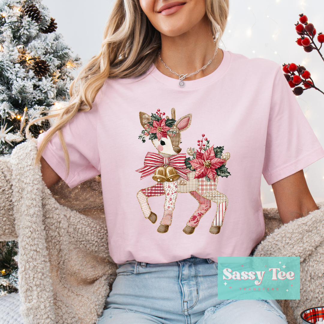 REINDEER POINSETTIA PINK FAUX PATCHWORK **Preorder/Restock Ships in 5-10 biz days**