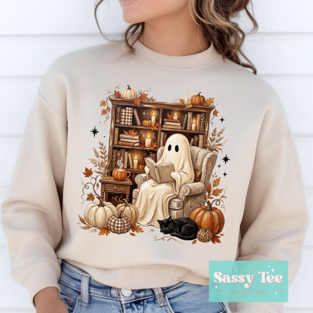 GHOST READING BOOKSHELF CAT FALL PUMPKINS **Preorder/Restock Ships in 5-10 biz days**