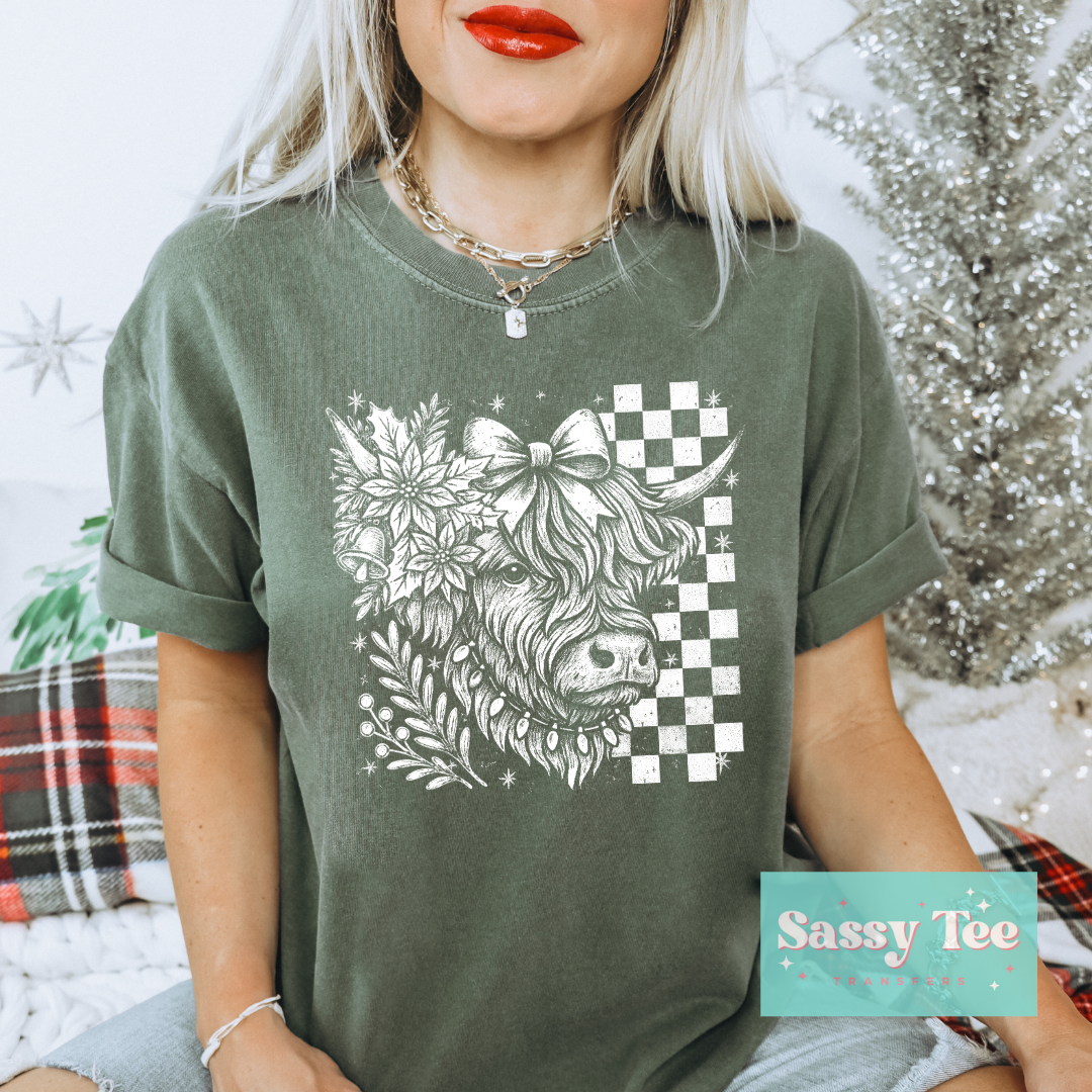 RETRO WHITE CHRISTMAS HIGHLAND COW **Preorder/Restock Ships in Est. 5-10 biz days**