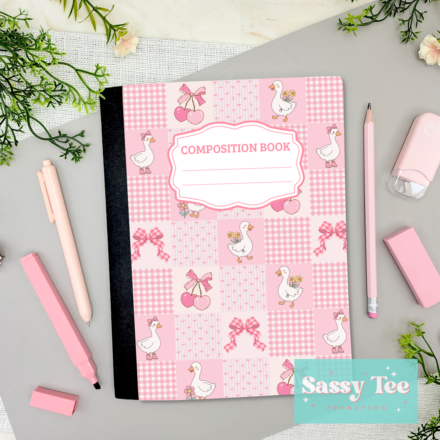 GOOSE CHERRY BOW PINK PLAID Peel + Stick Notebook Cover SET