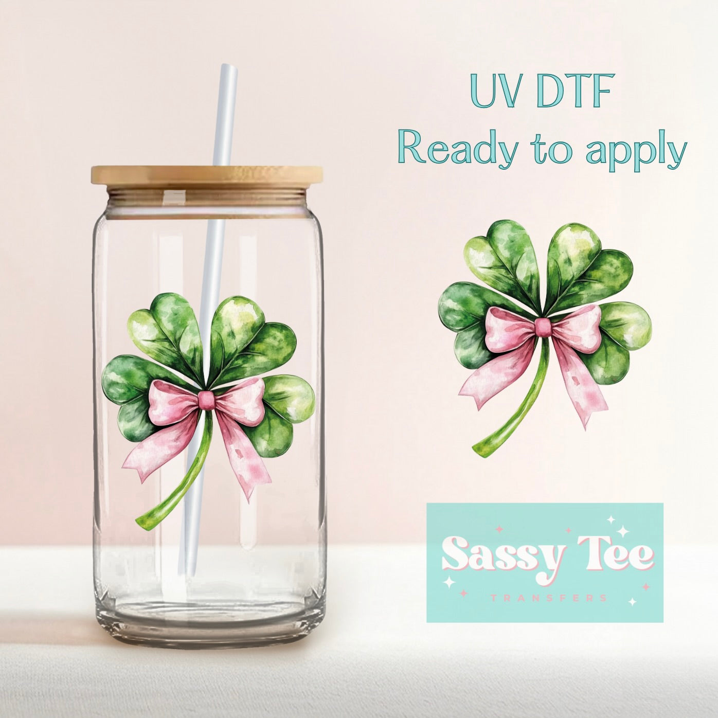 SHAMROCK CLOVER PINK BOW ST. PATRICK UV DTF CUP WRAP **Preorder/Restock Ships in 5-10 biz days**