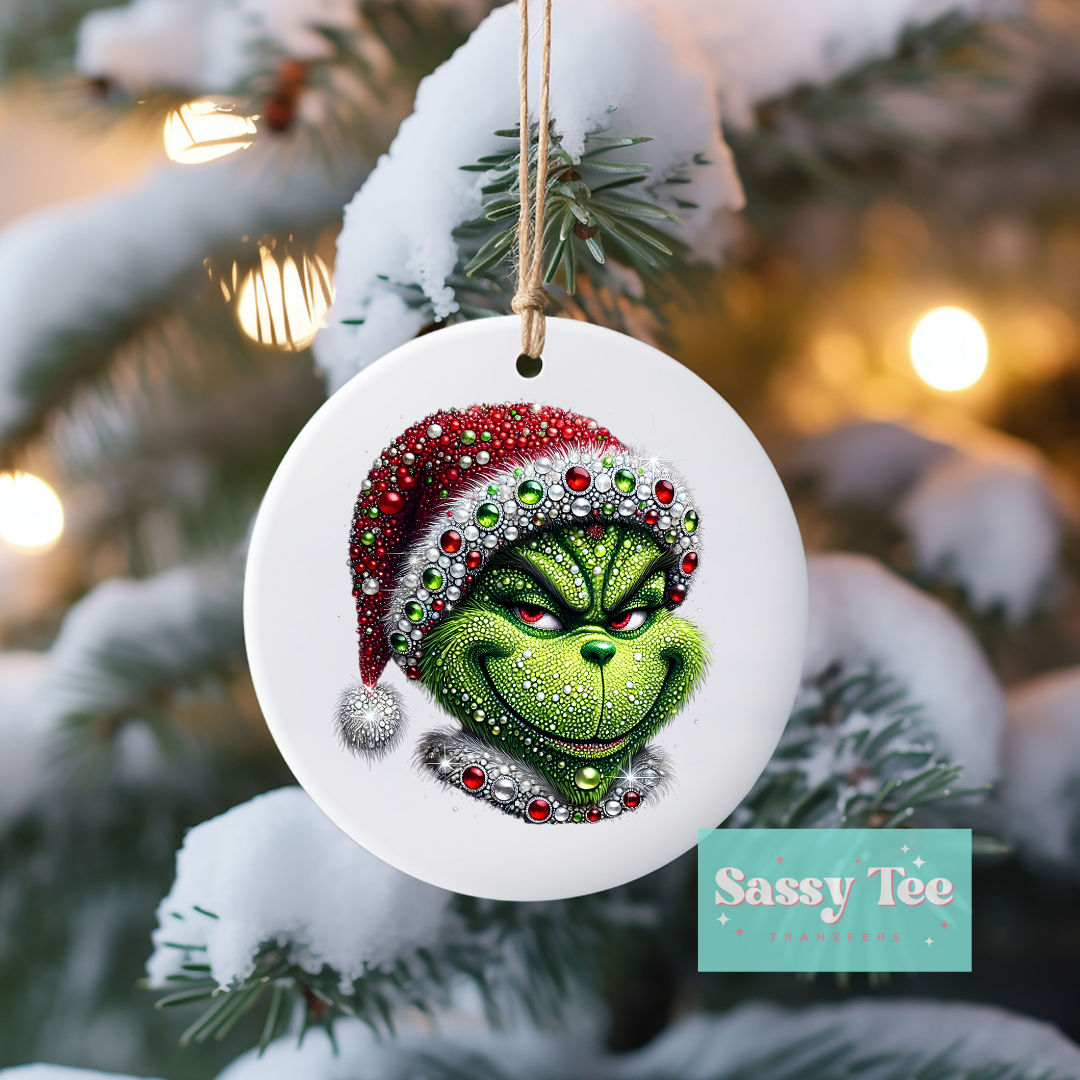 RHINSTONE GREEN MAN SANTA UV DTF DECAL **Preorder Restock Ships in Est. 5-10 biz days**