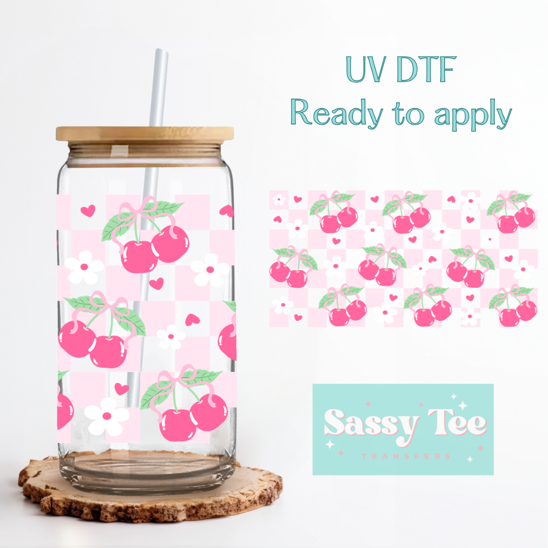 PINK CHERRY CHECKERED RETRO UV DTF *DOUBLE SIDED* CUP WRAP **Preorder/Restock Ships in 5-10 biz days**
