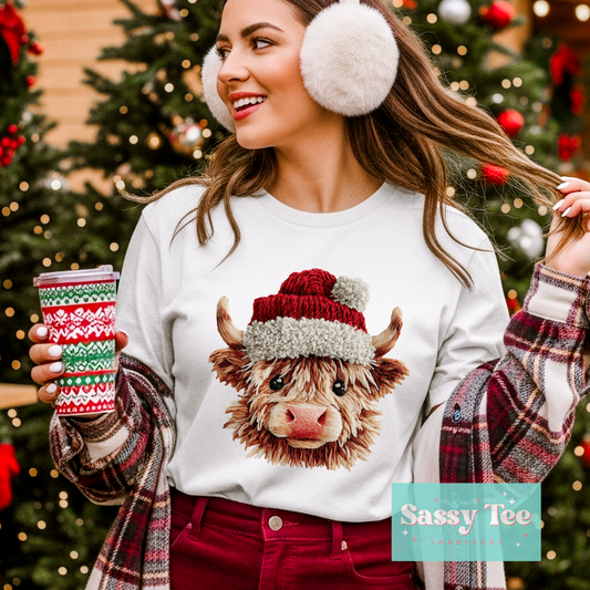 HIGHLAND COW SANTA HAT FAUX YARN **Preorder/Restock Ships in 5-10 biz days**